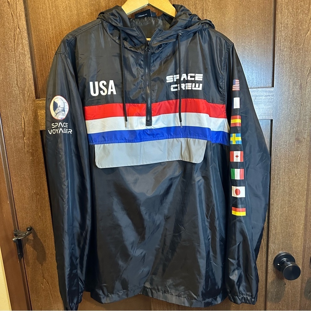 Chemistry Black Windbreaker with Red and Blue Accents